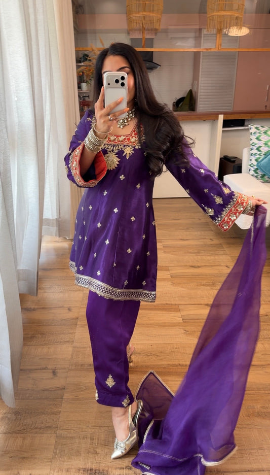 PURPLE HAND EMBROIDERED KURTA SET