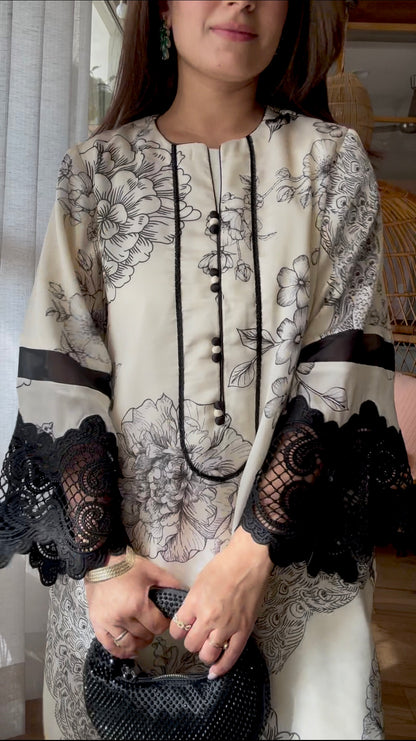 Cutwork Sleeves Printed Kurta Set