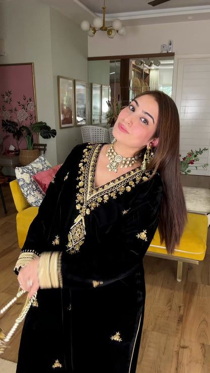 Embroidered Black Velvet Kurta Set