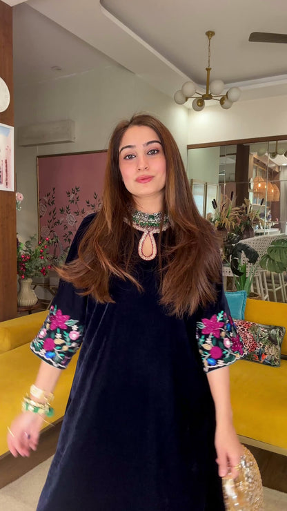 Velvet Threadwork Kurta Set